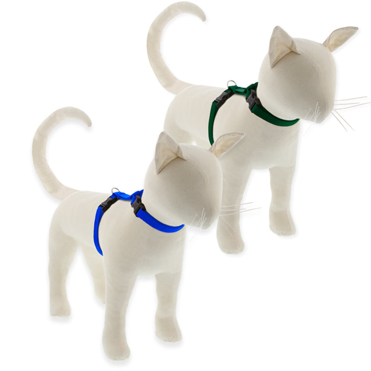 Basic Solids H-Style cat harness on a cat model in assorted colors on a white background