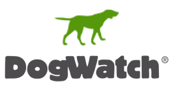 Logo for DogWatch® gray with a green dog icon