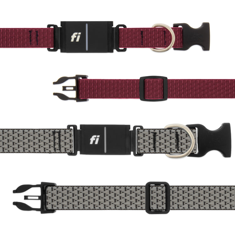Dog collars with FI GPS receivers in Berry  and Granite Eco colors.