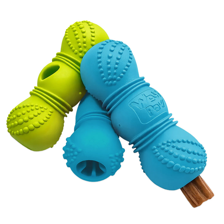 West Paw Flossr dog chew toys in blue and green.
