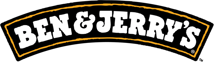 A curved Ben & Jerry's logo patch or decal with white lettering on a black background and a yellow-orange border, shown on a plain white background.
