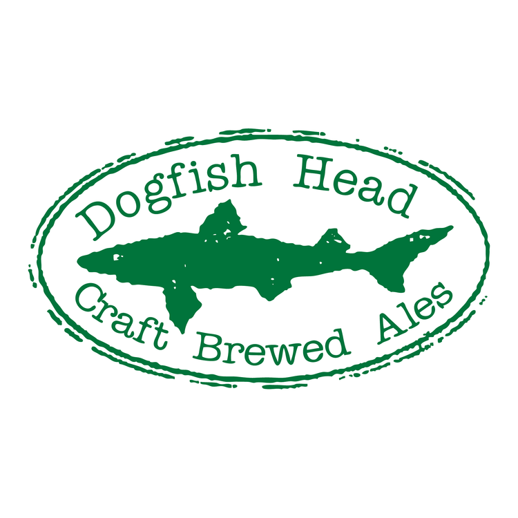 A green oval logo with a shark silhouette in the center and the text 'Dogfish Head Craft Brewed Ales' on a white background.