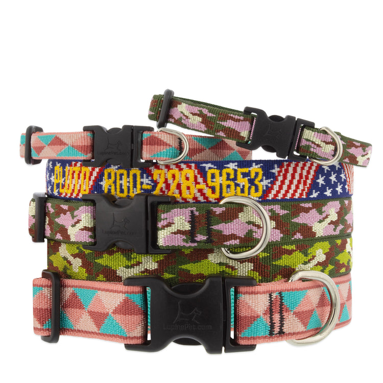 Assorted MicroBatch design dog collar in multiple size ranges on a white background