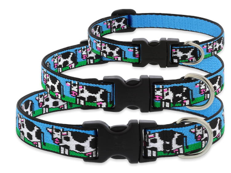 3 Dog Collars in various sizes of  NEW! Udderly Cows  design from LupinePet.com