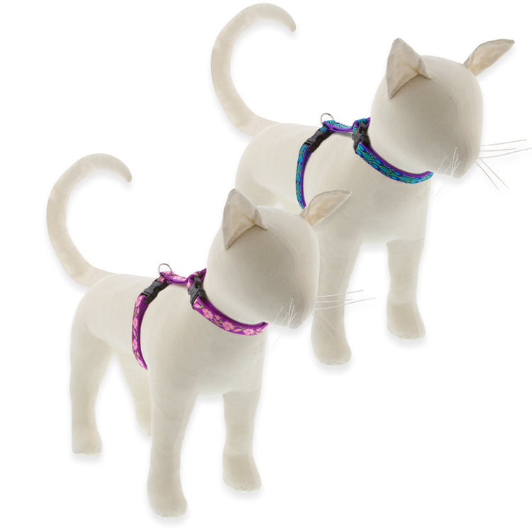 Original Design H-Style cat harness on a cat model in assorted designs on a white background
