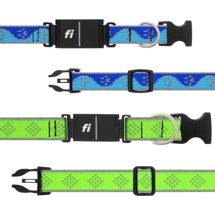 Dog collars with FI GPS receivers in Blue Paws and Green Diamond designs.