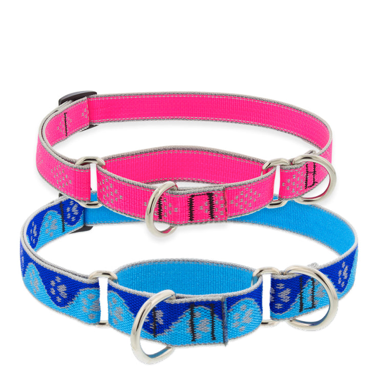 Reflective Martingale Training collars in Pink Diamonds and Blue Paws designs by LupinePet