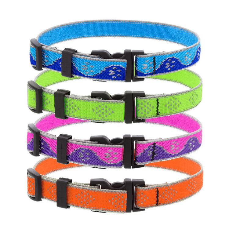 eCollars from Reflective Collection in assorted colors and designs on a white background
