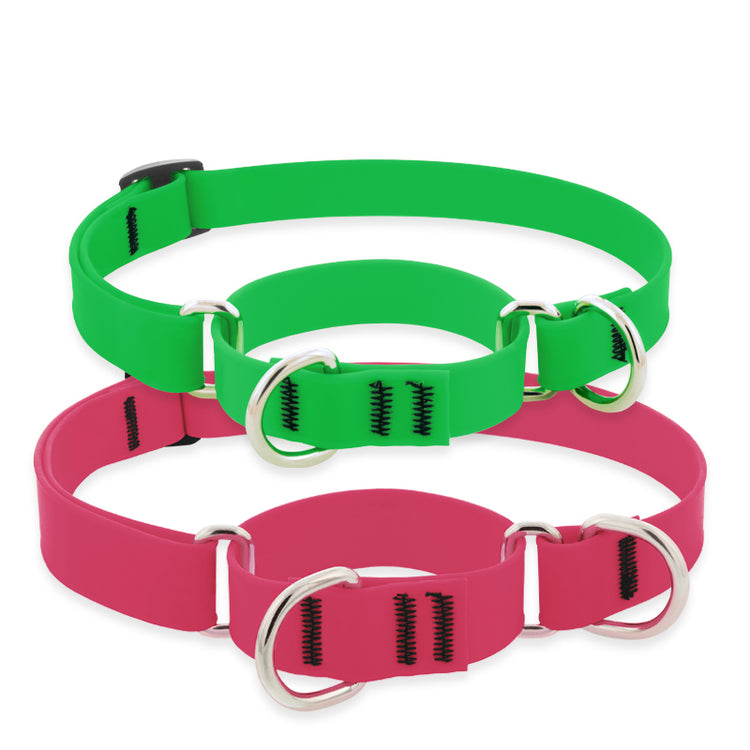 Two martingale dog training collars, one neon green, one hot pink on a white background