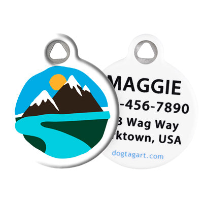 Pet ID Tag from LupinePet by Dog Tag Art – Colorful Mountains Design front and back