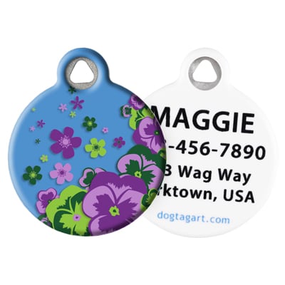 
                    
                      Purple Pansies Pet ID Tag by Dog Tag Art with purple and green flowers with personalization example.
                    
                  