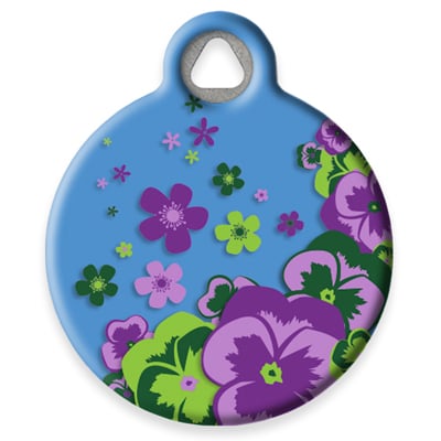
                    
                      Pet ID Tag by Dog Tag Art – Purple, violet, and green pansies flowers on cornflower blue background.
                    
                  