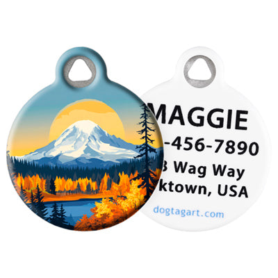 Mount Rainer Pet ID Tag by Dog Tag Art – Snowcapped Mtn fall scene with personalization example