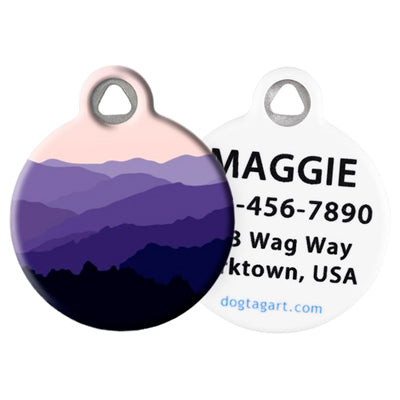 Pet ID Tag from LupinePet by Dog Tag Art – Purple Mountains Design front and back