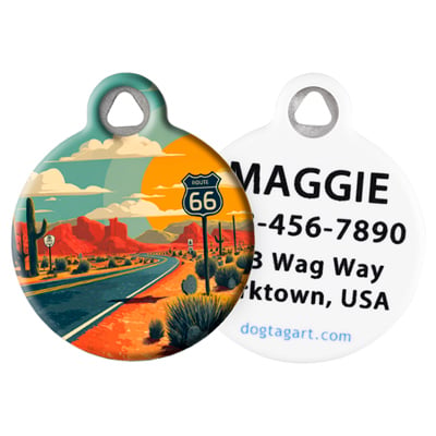 Route 66 Pet ID Tag by Dog Tag Art – Southwest desert road during the day with personalization
