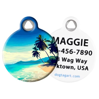 Kailua Beach Pet ID Tag - sandy beach, cyan ocean with waves, and palm trees with personalization