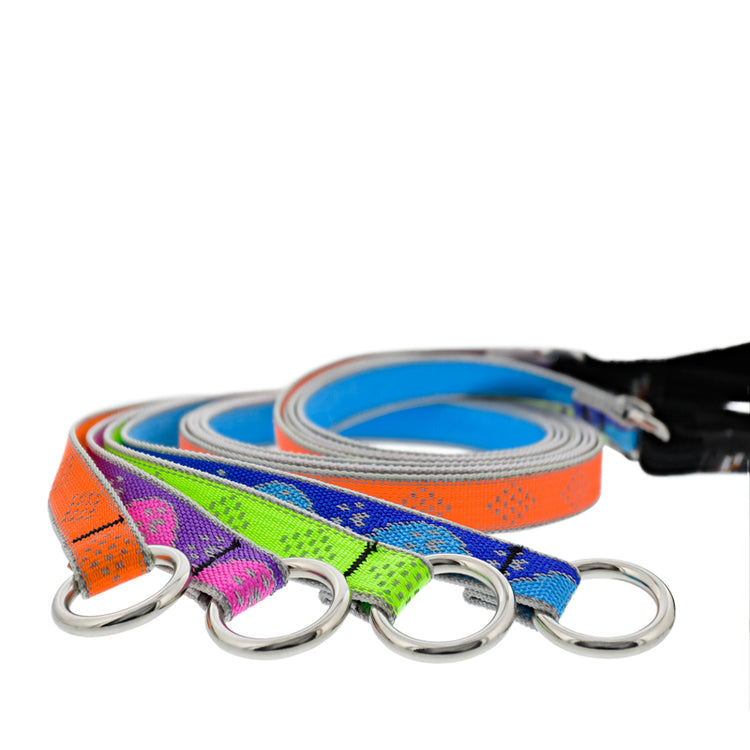Slip lead dog leashes in assorted reflective designs on a white background