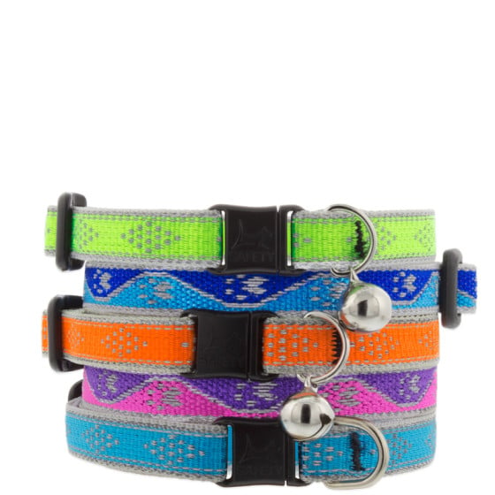Reflective Cat Collars with Safety breakaway buckle. Bright colors and reflective designs.