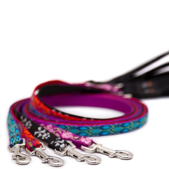 Cat leash for use with h-style cat harness. Shown in assorted Original Designs by LupinePet. Lifetime Guarantee.