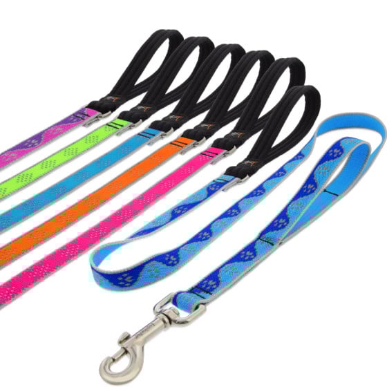 Double handle dog leash from LupinePet. Bright neon colors with reflective designs woven in-never rubs off.