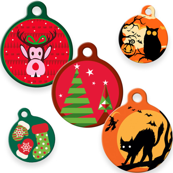 Holiday Dog Tag Art Pet ID Tags from Lupine Pet. Seen here in Ugly Sweater, Noel, Wicked, Spooky & Stocking Stuffer.