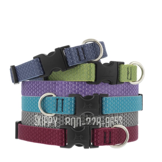 LupinePet adjustable dog collars in assorted colors from our Eco Recycled Collection. Available with custom embroidery. 