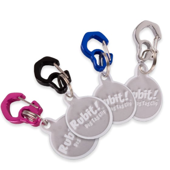 Rubit dog tag clip in pink, black, blue and silver. Easily change tags from collar to collar.